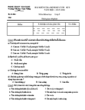 Đề kiểm tra định kì học kì I Khoa học lớp 5 - Năm học 2016-2017 - Trường Tiểu học Phú Hòa Đông 2